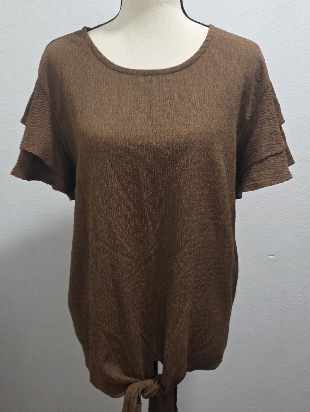 Absolutely Famous Brown Tie-Front Short Sleeve Top
